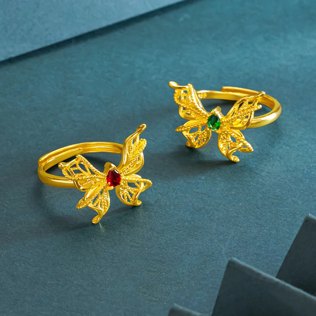 合金戒指 镂空花丝蝴蝶戒指镶嵌在逃公主蝴蝶指环可调节