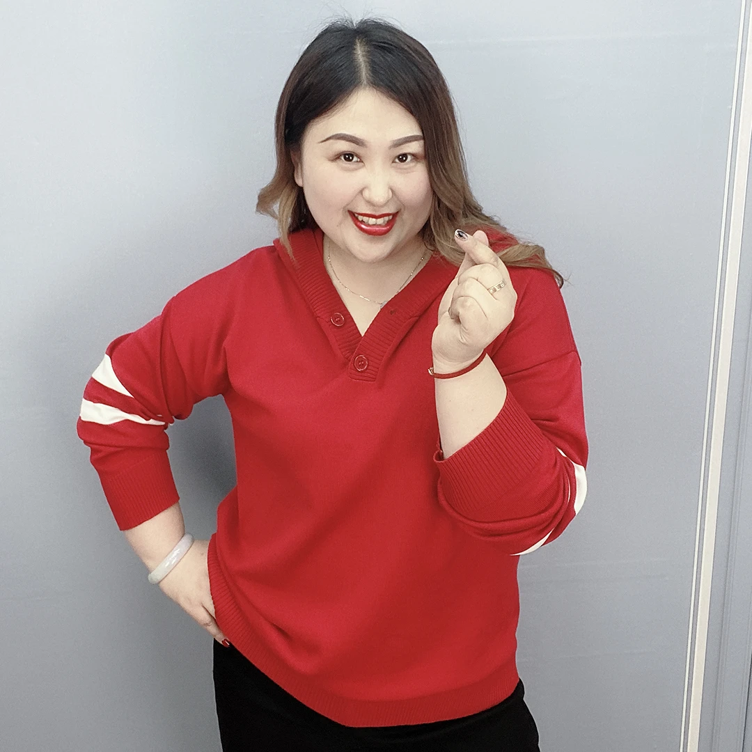 大码胖mm秋季新款宽松休闲连帽针织衫显瘦遮肚子纯色上衣1979