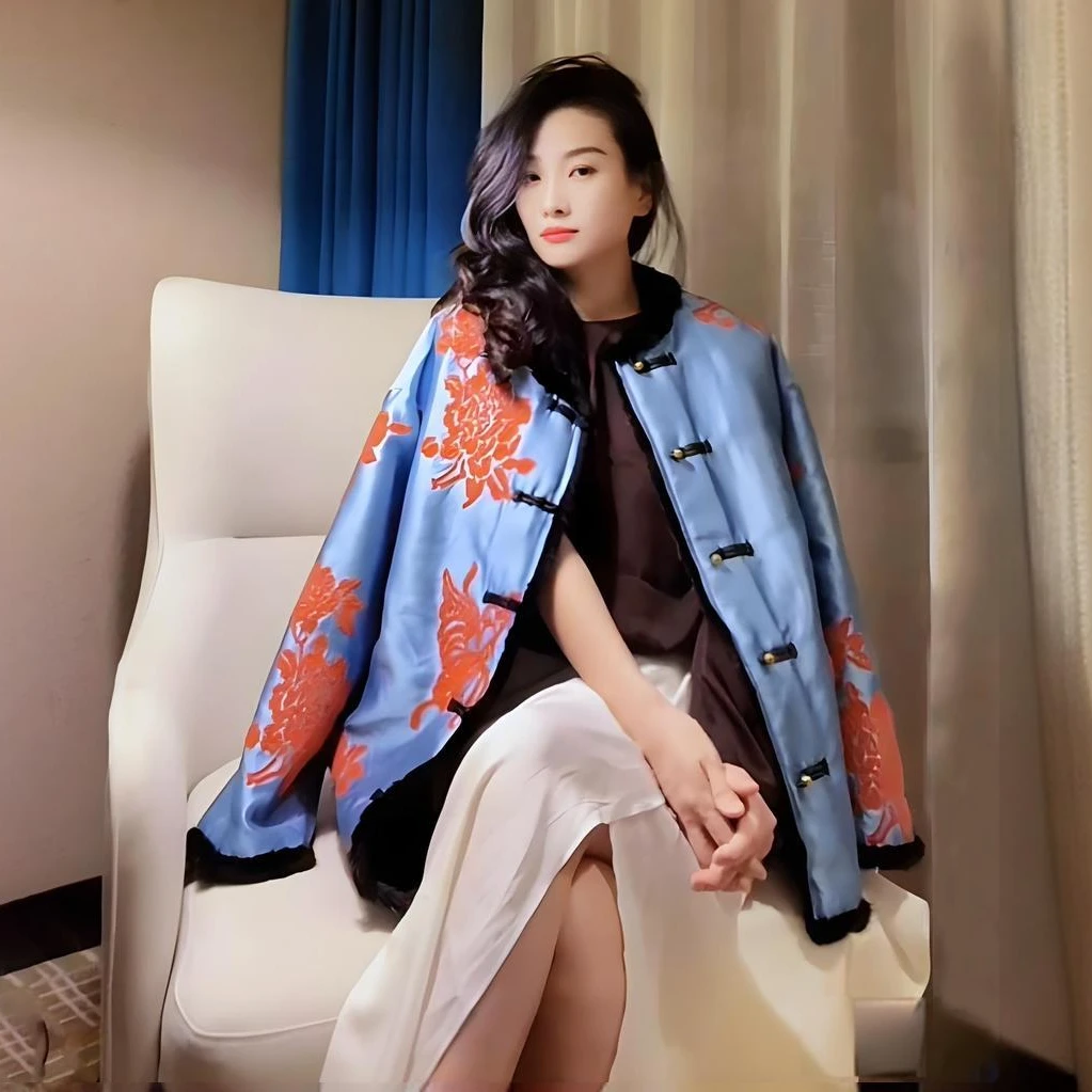 诺谰【水貂毛两面穿】原创新款丝毛漳绒绣落肩袖真皮真毛貂皮草外套