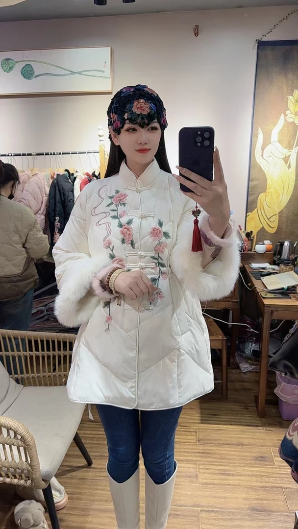 民族风冬季新款中开袖口水貂毛中长款白鸭绒羽绒服