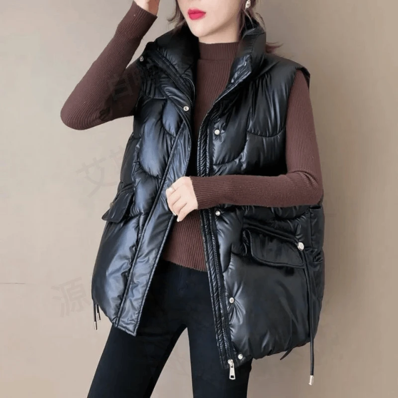 反季亮面洋气棉马甲女2024年秋冬新款大口袋马夹外套背心显瘦