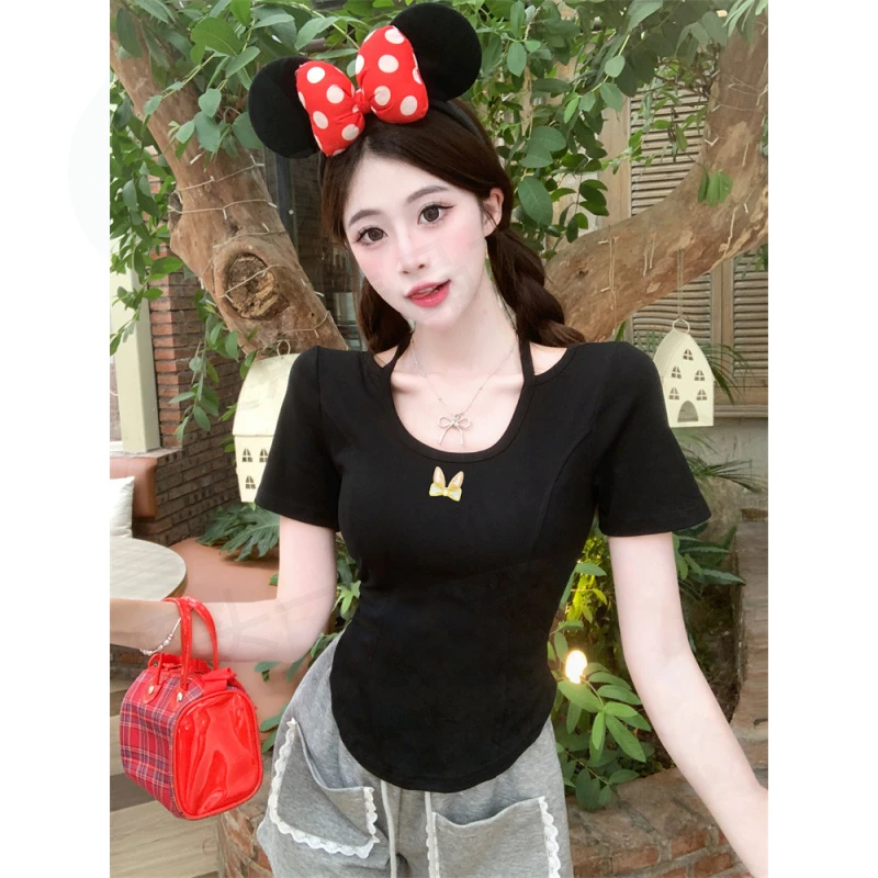 实拍大码正肩挂脖T恤女夏季2024新款欲纯风纯色打底衫鱼骨上衣ins