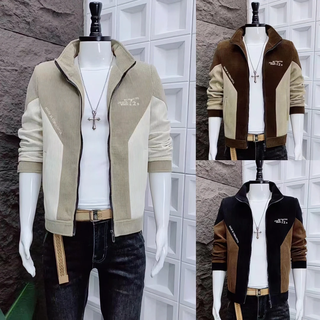 外套男秋冬季韩版轻熟风男装修身短款立领拼接男士夹克休闲上衣潮