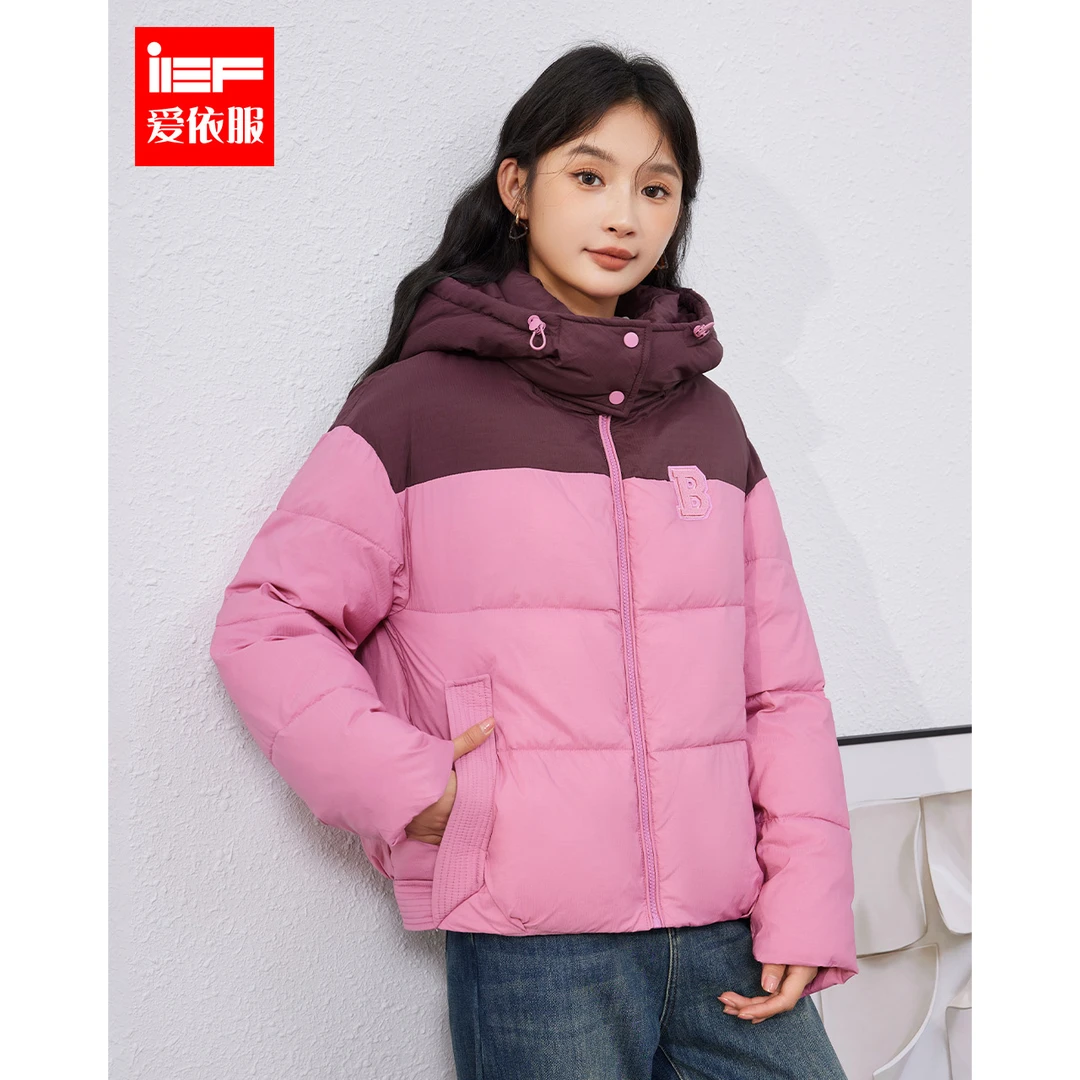 IEF/爱依2023冬季新款拼接撞色连帽宽松保暖棉衣外套冬款冬天女款