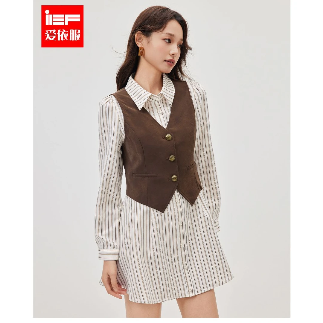 IEF/爱依服2025秋季新款法式条纹时尚复古显瘦亮面皮里外套裙