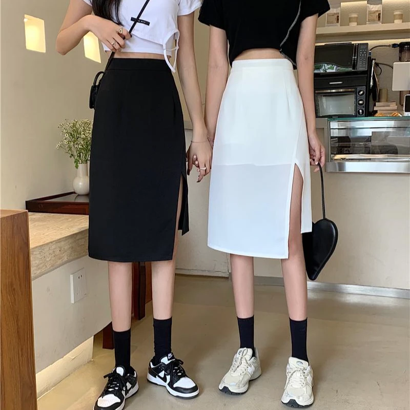 夏季薄款白色大码高腰不规则开叉裙韩版中长款纯色气质百搭半身裙