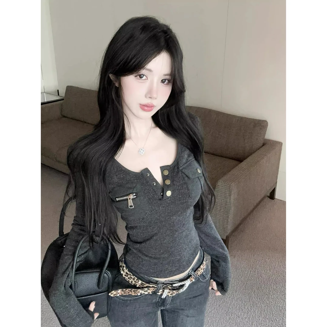 纯欲辣妹口袋设计感内搭可外穿半开领打底衫女新款秋季冬长袖上衣