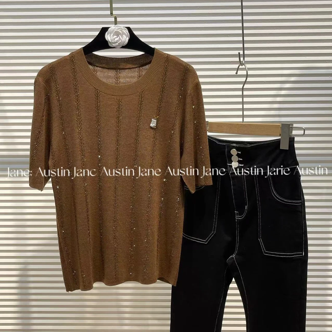 Jane Austin •（杨树林）2024轻奢重工设计师前后满钻针织短袖女