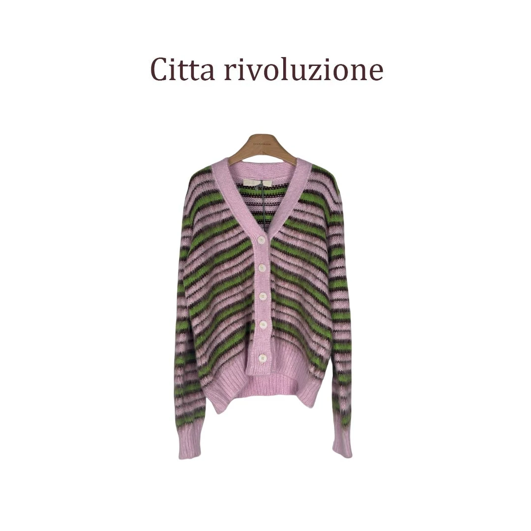 意大利线玛尼马海毛洋毛粉条纹开衫105