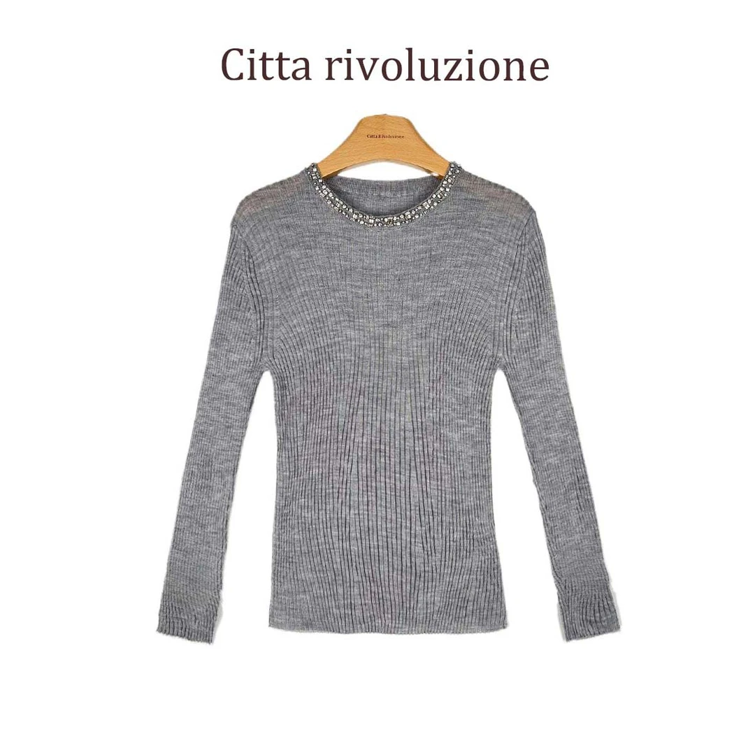 清--|妈妈家精致法式浪漫|领口钻饰圆领针织衫10524184