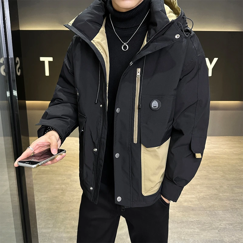 2023冬季潮牌工装拼色连帽羽绒服男装 国标80白鸭绒防风保暖外套