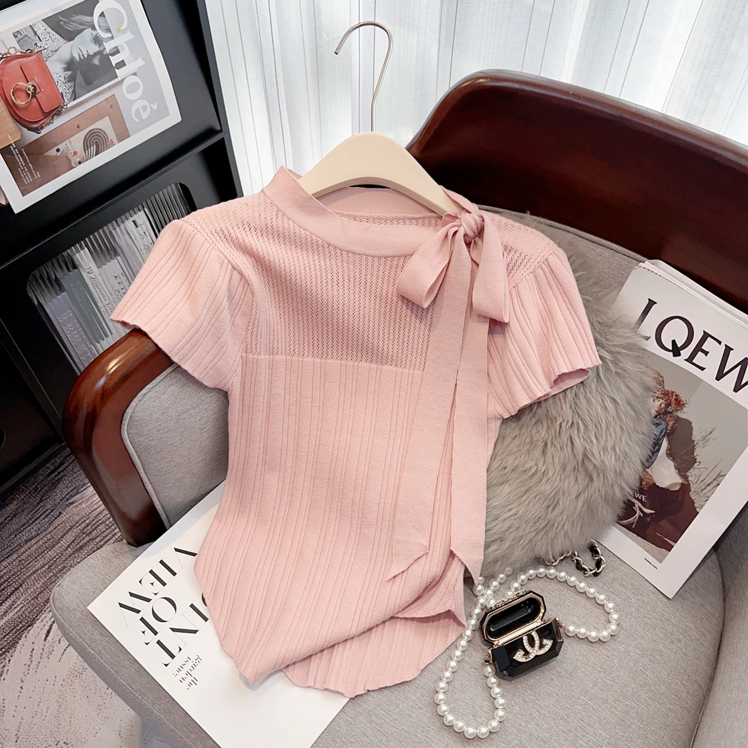 高级感针织正肩短袖t恤女夏季新款冰丝修身甜美别致氛围感上衣