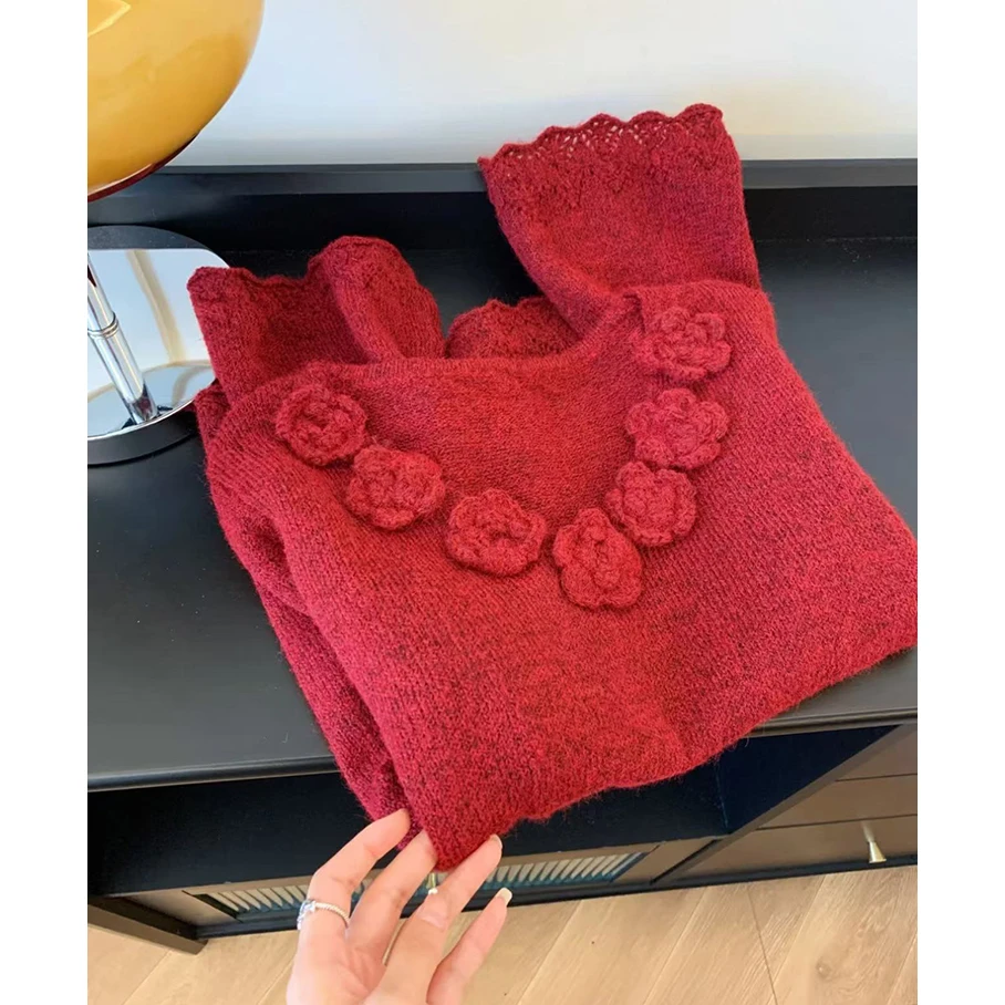 东大门立体花朵V领套头毛衣女2024年冬季新款软糯宽松显瘦上衣