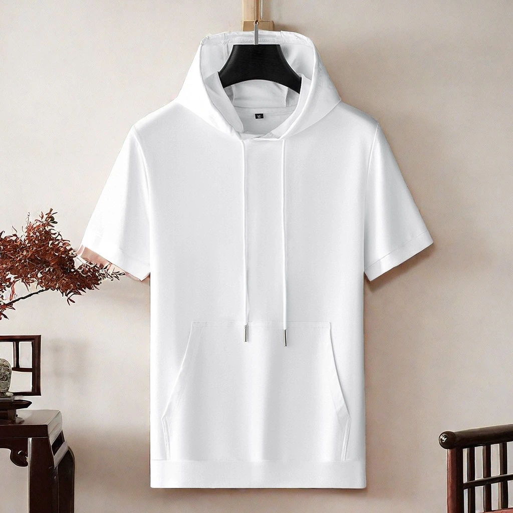 2023春夏新款休闲运动棉质连帽短袖T恤男装夏季纯色男士半袖卫衣