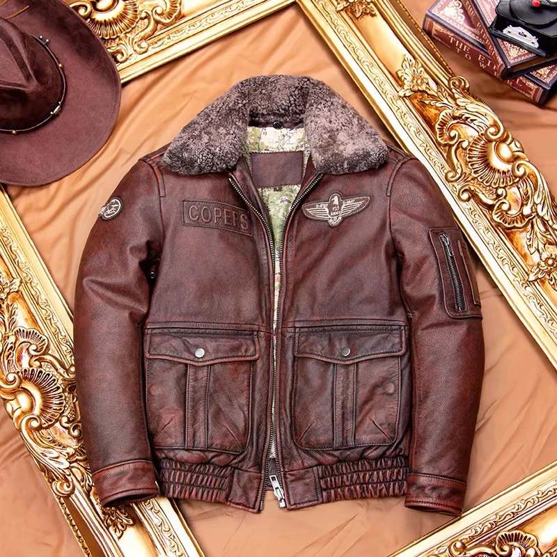 加棉飞行服复古石磨做旧羊皮毛一体毛领真皮皮衣男装夹克外套冬