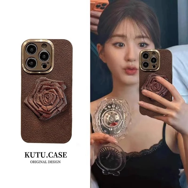 棕色金属框山茶花朵适用苹果15promax手机壳新款iphone14复古风13