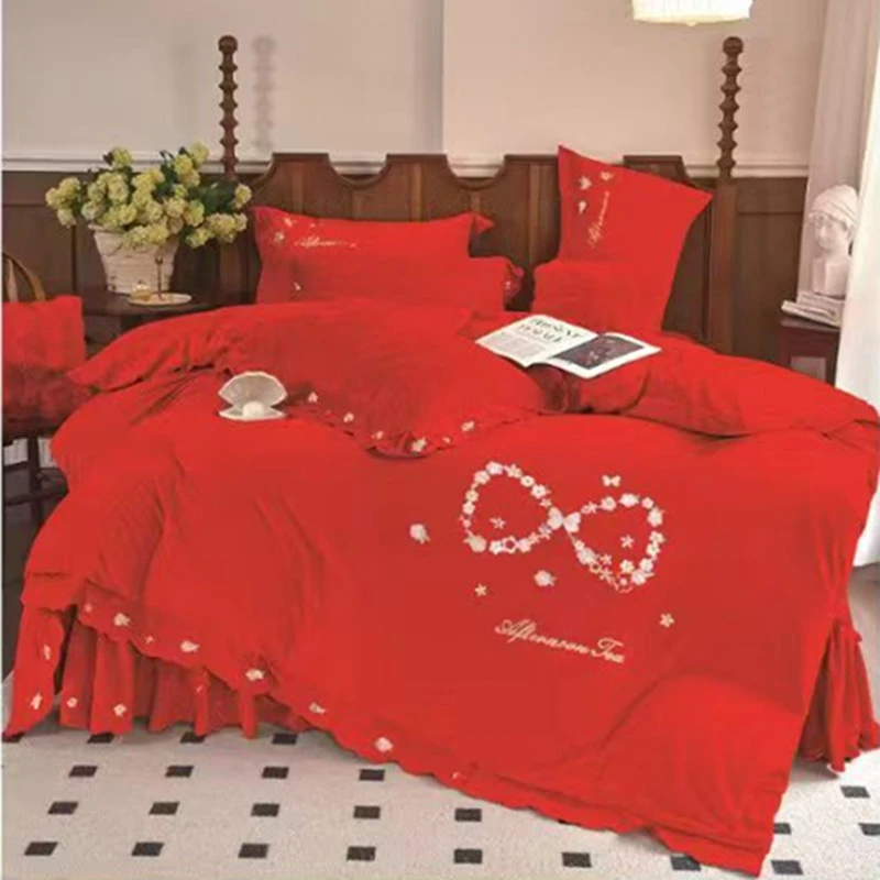 怦然心动-床盖款四件套加绒加厚牛奶绒婴儿绒床盖四件套-中国红
