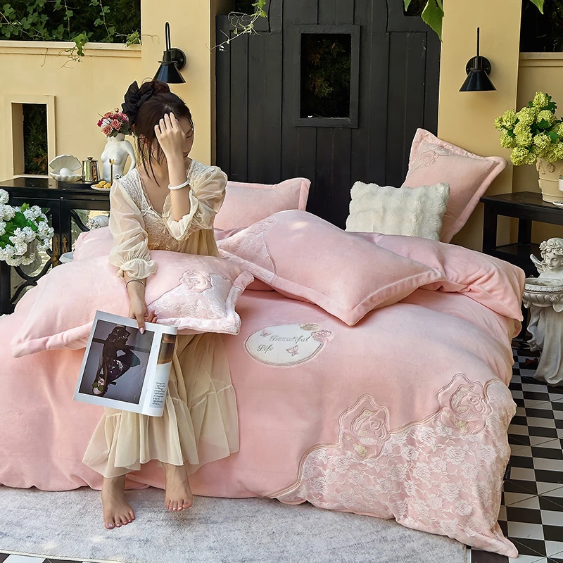 与玫瑰私奔-加绒加厚牛奶绒四件套刺绣贴布绣公主风床品套件-总