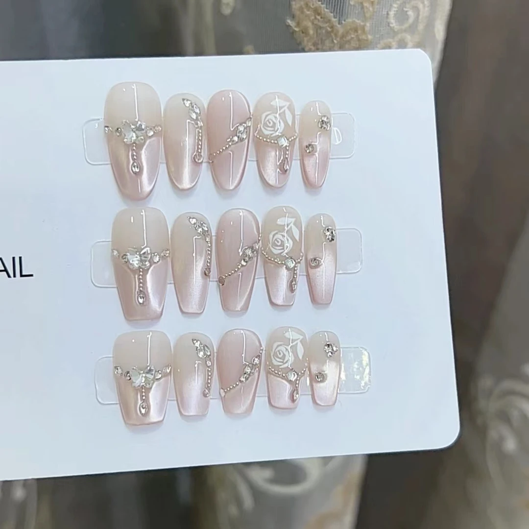 纯手工光疗穿戴甲玫瑰之恋成品重复使用美甲贴片可拆