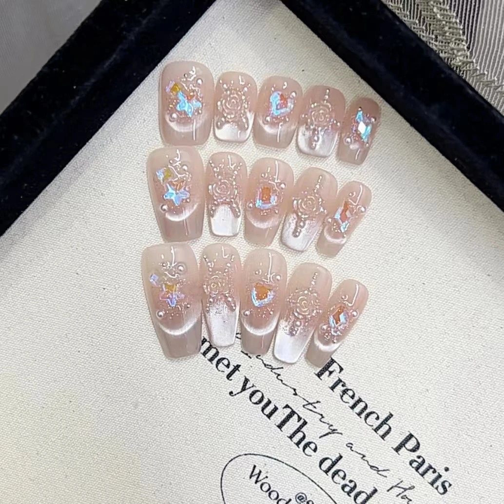 纯手工光疗穿戴甲山茶物语成品重复使用美甲贴片可拆卸