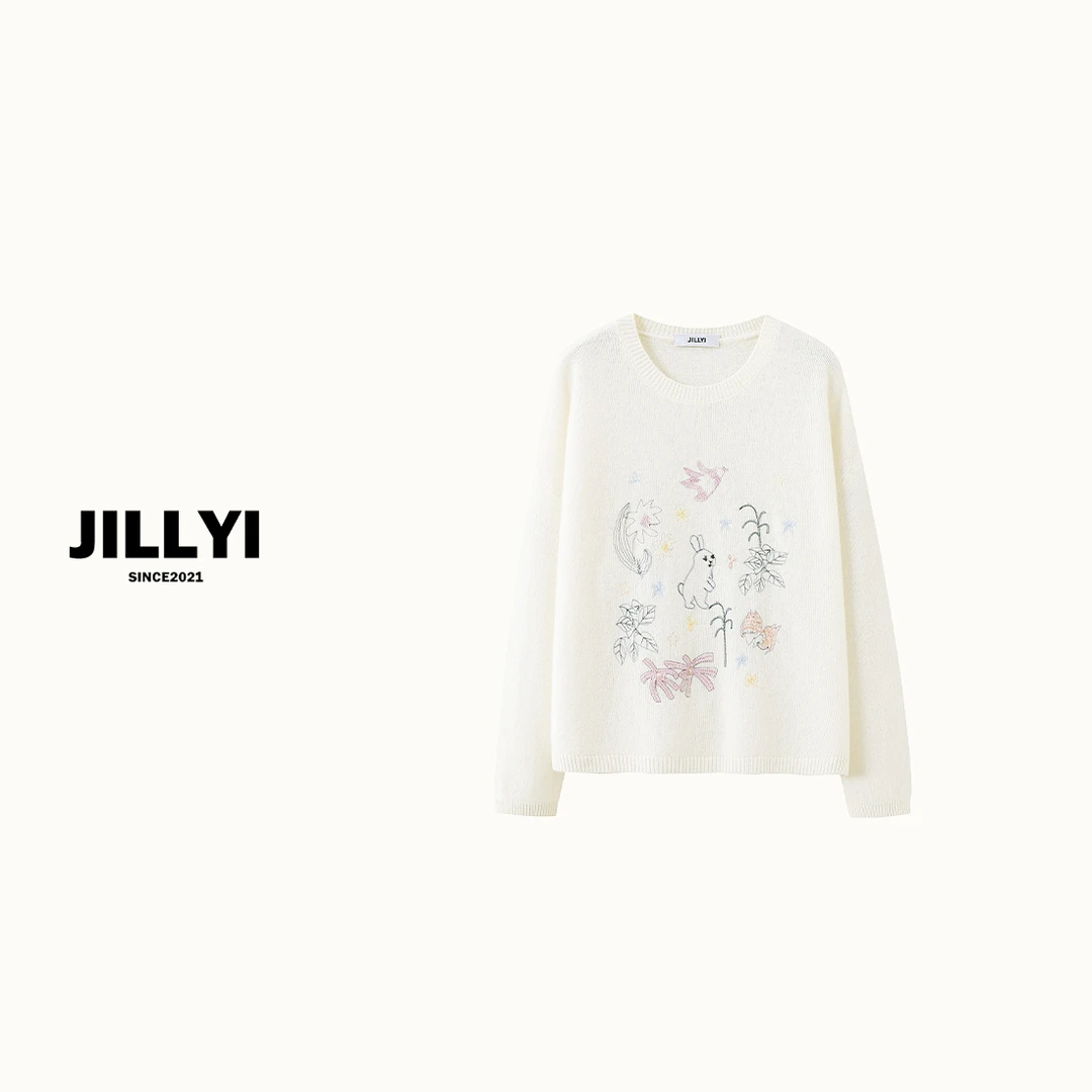 JILLYI【手绘小兔】小兔子手缝定制针织衫白色长袖时尚休闲圆领套头