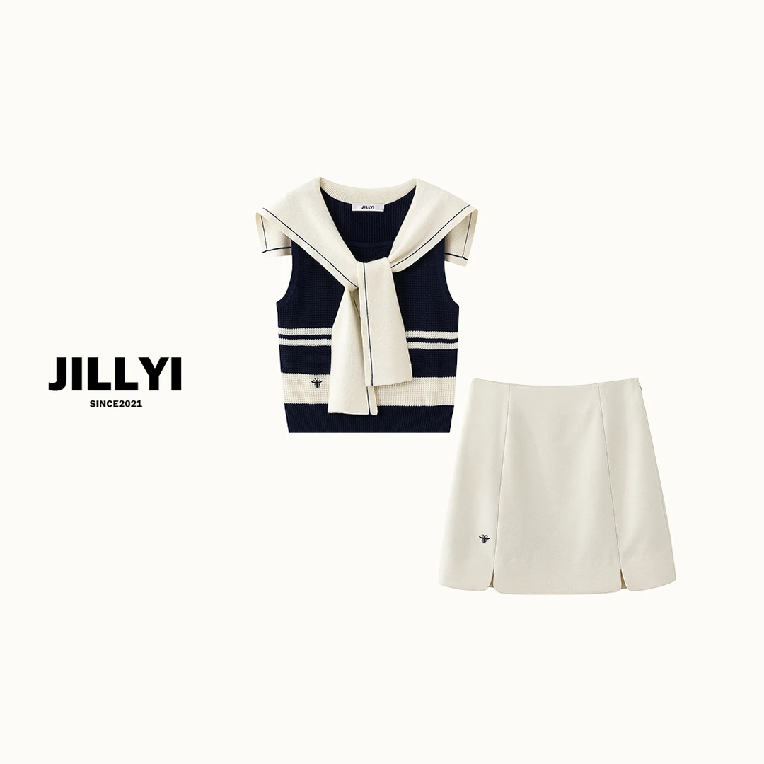 JILLYI南山店【海军少女】+【简约刺绣】针织条纹背心百搭半裙时尚套