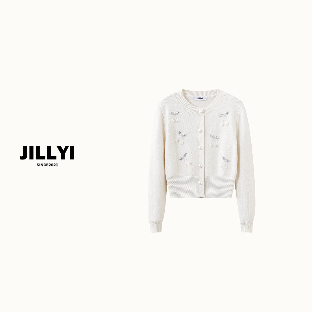 JILLYI【初恋记忆】白色圆领手缝珍珠秋季静奢时尚针织开衫