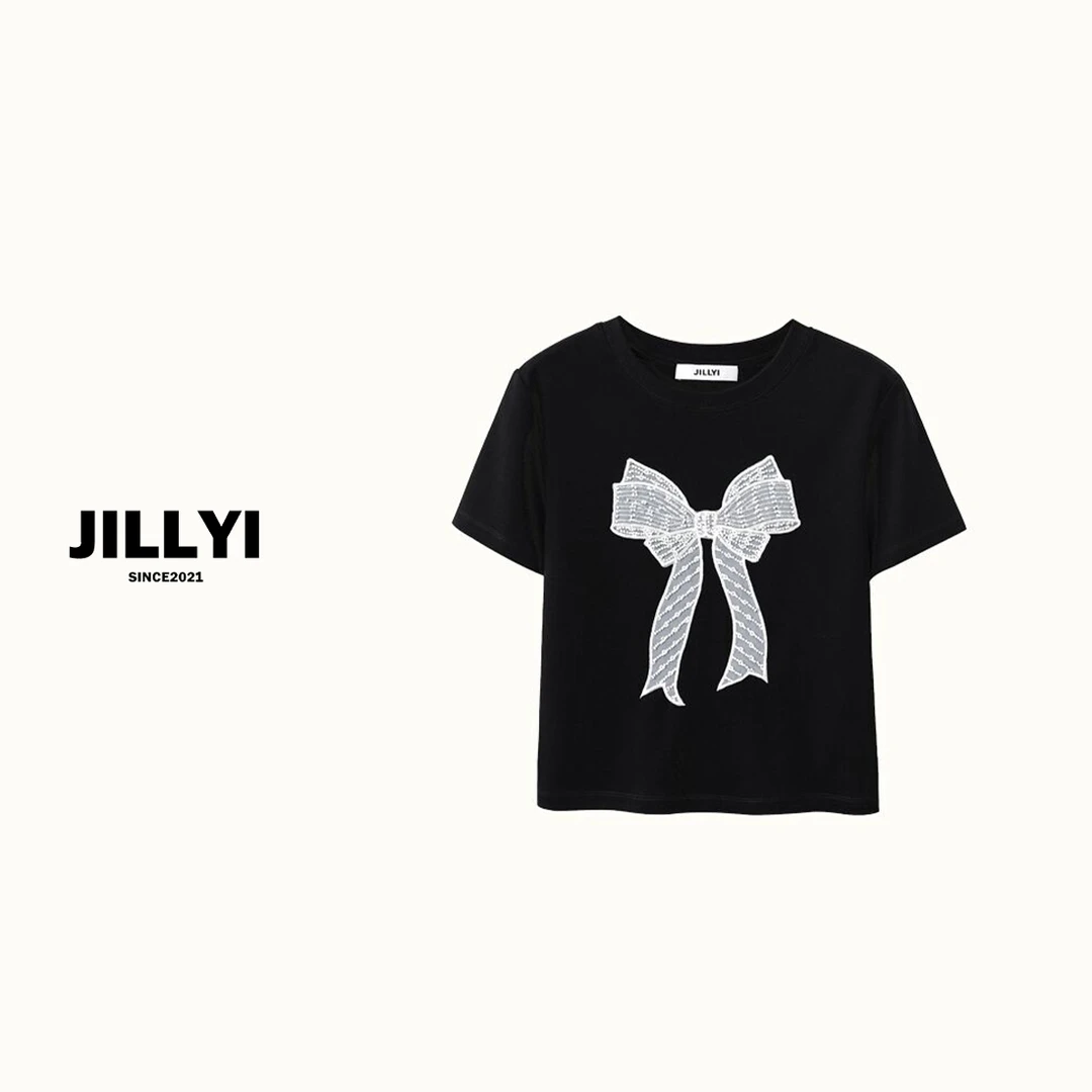 JILLYI【银灰蝴蝶】超美刺绣蝴蝶纯色短袖T恤时尚休闲夏季设计师