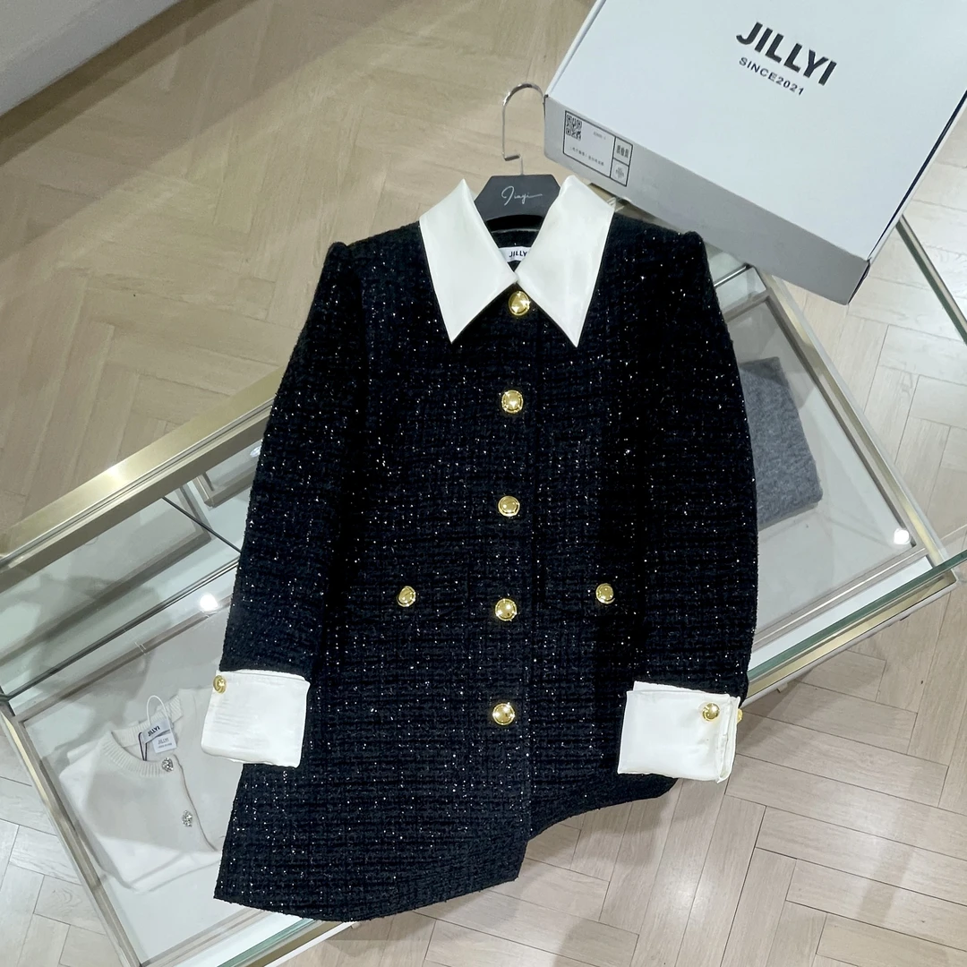 JILLYI珠海店【月光公主】白色翻领撞色粗花呢外套小香风气质轻奢时