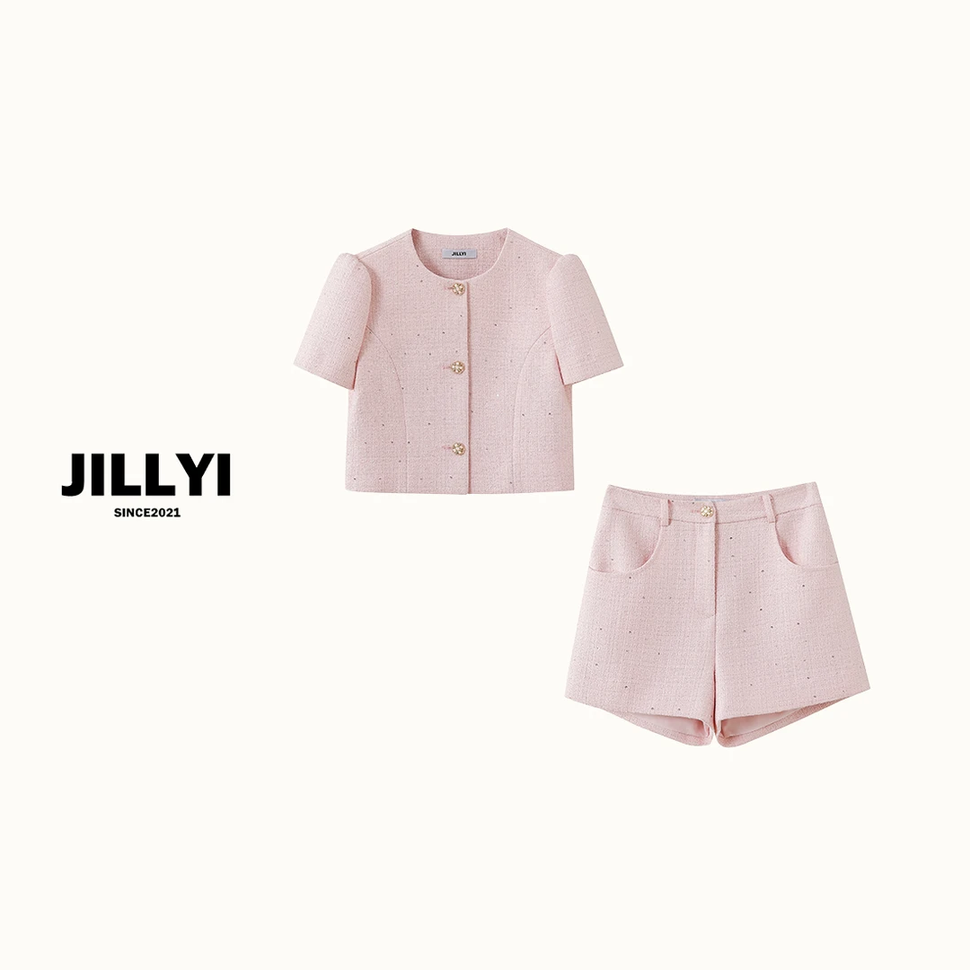 JILLYI【草莓糖果】粉嫩樱花色系粗花呢套装短袖时尚休闲春夏显瘦