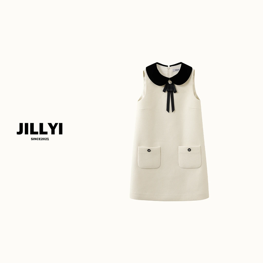 JILLYI【椰子可可】黑白撞色翻领连衣裙小香风气质韩版秋冬厚款