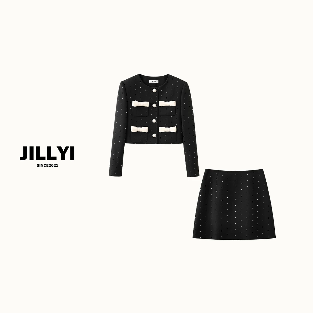 JILLYI【繁星珍珠】黑色满钻蝴蝶结套装小香风气质时尚秋冬百搭