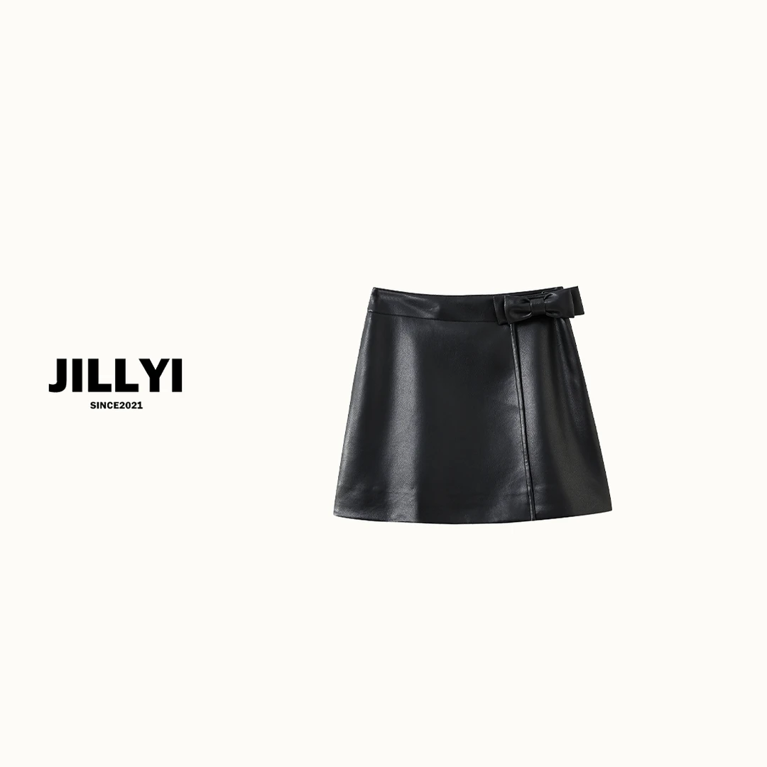 JILLYI【百搭皮裙】黑色侧边蝴蝶结皮裙显瘦高腰时尚百搭女士不规则