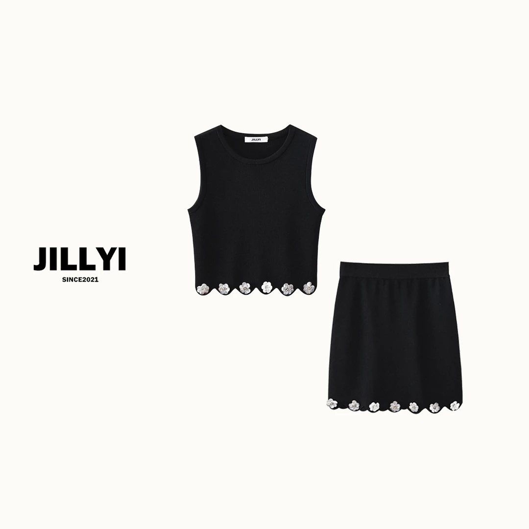 JILLYI南山店【氛围女神】黑色手缝花朵针织无袖套装小香风气质时尚