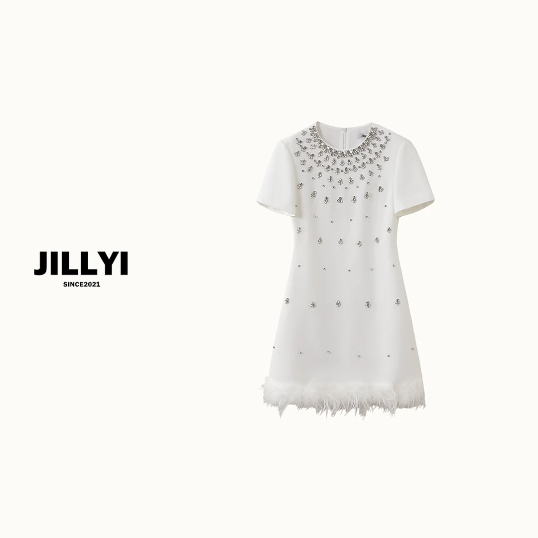 JILLYI南山店【鎏金岁月】手缝钻石羽毛边连衣裙小香风气质