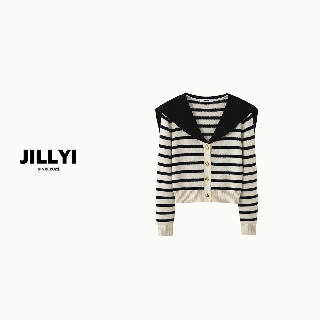JILLYI【罗马假日】海军风条纹撞色针织开衫百搭休闲秋季韩版长袖