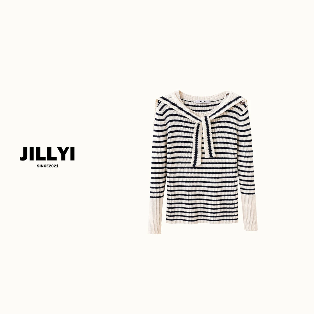 JILLYI【海军D小姐】黑白撞色条纹披肩真两件时尚针织上衣秋冬韩版