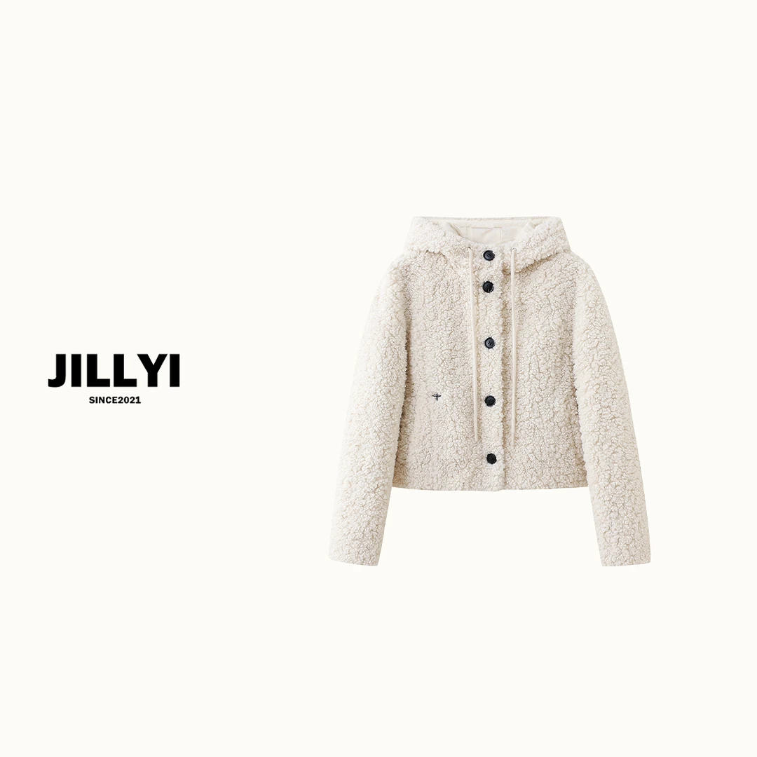 JILLYI南山店【云朵暖暖】米白色连帽领单排扣秋季保暖简约百搭羽绒