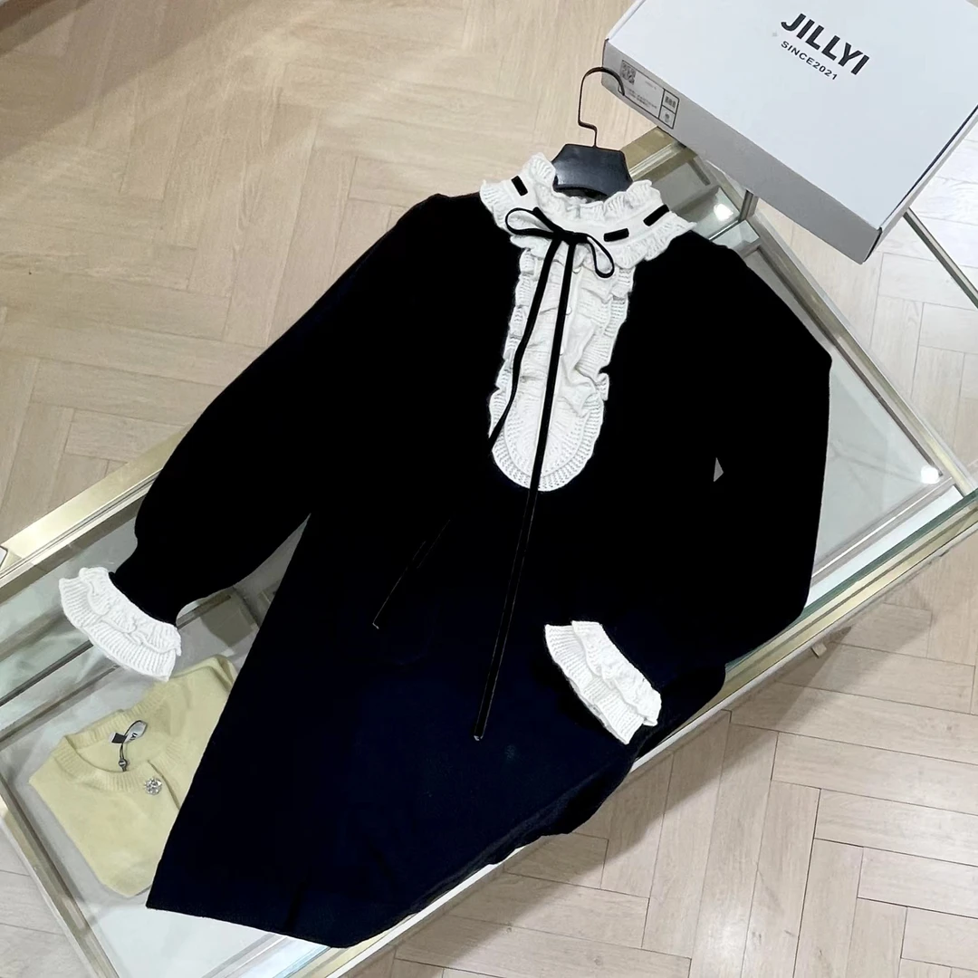 JILLYI珠海店【圣诞校花】木耳边重工款显瘦气质复古法式连衣裙小香