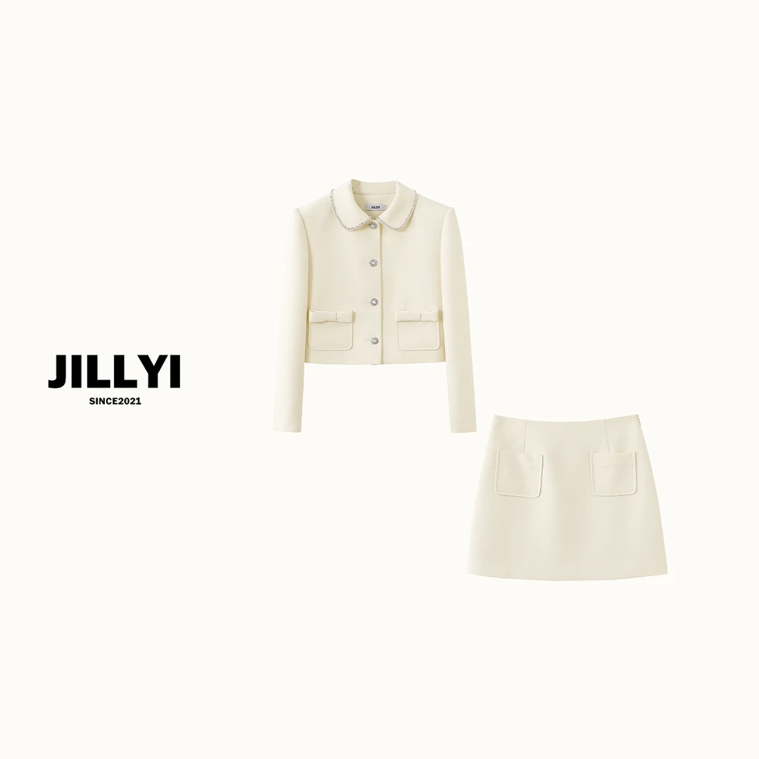 JILLYI珠海店【香草天空】白色手缝小钻石单排扣粗花呢套装小香风气