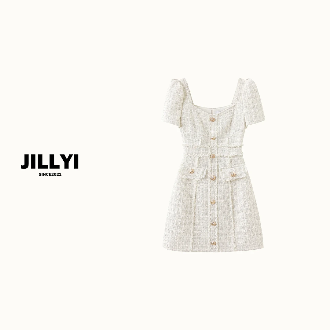 JILLYI南山店【恬静少女】粗花呢质感方领连衣裙小香风时尚洋气夏款