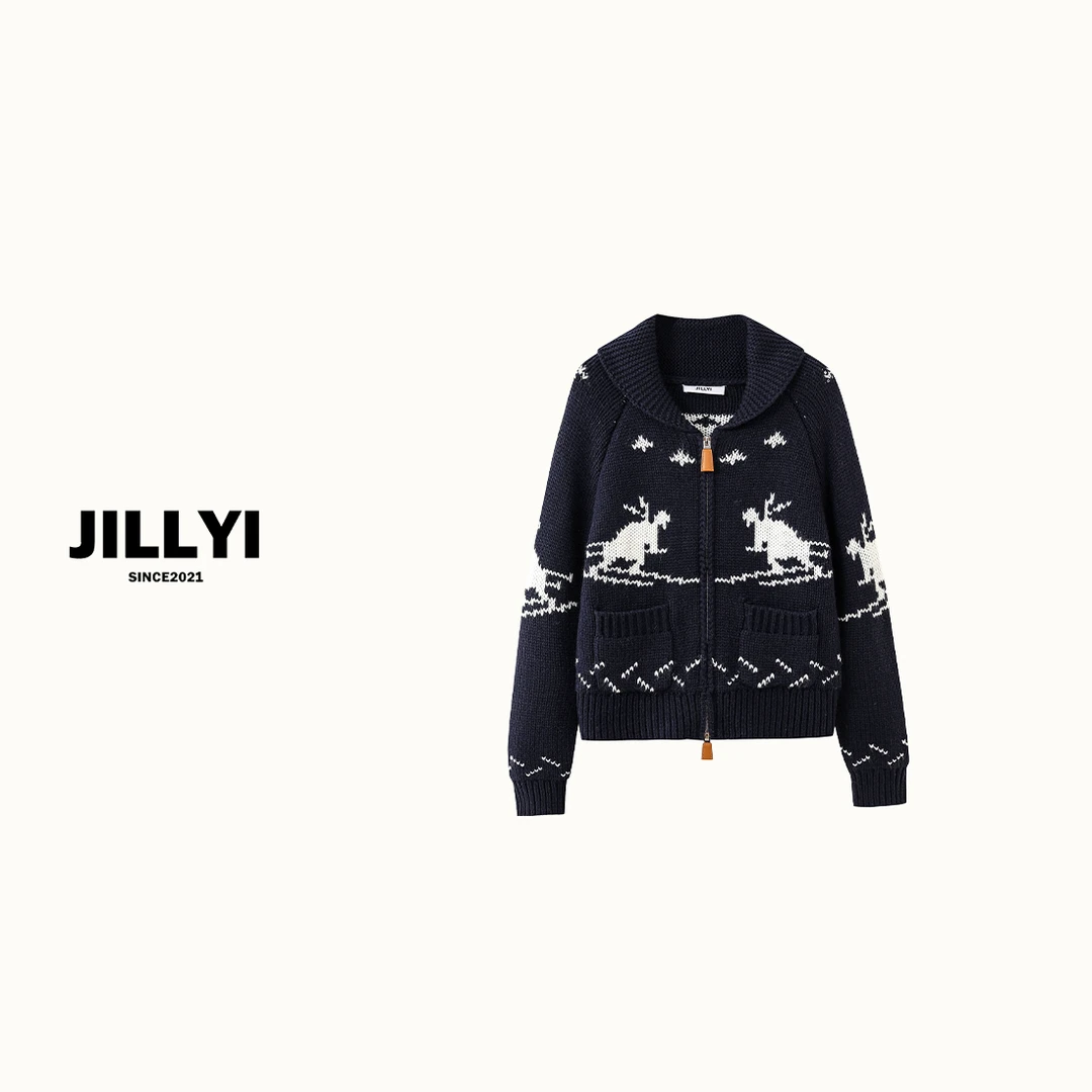 JILLYI【冬季冒险】深蓝色休闲百搭滑雪图案秋冬加厚保暖针织开衫