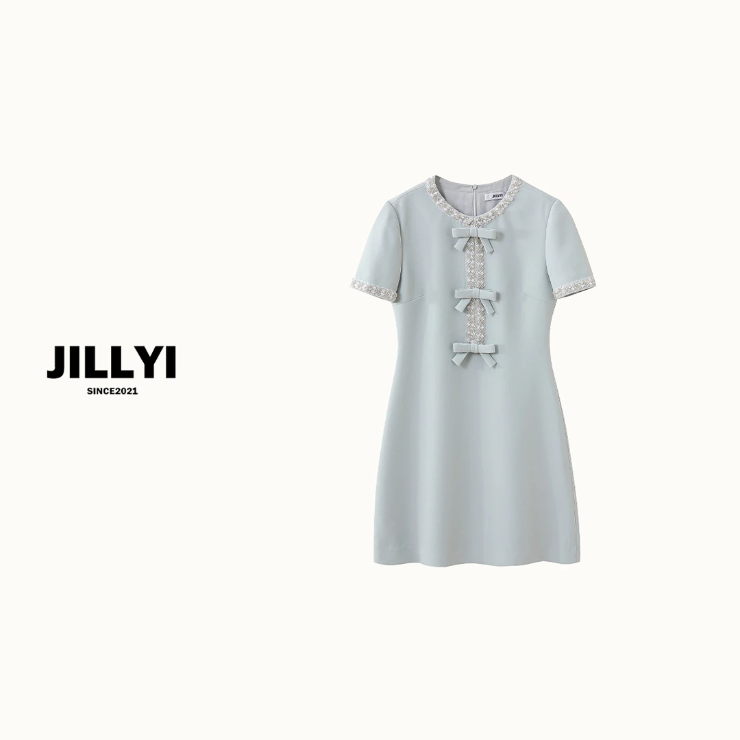 JILLYI南山店【精灵绿】清新蓝绿色蝴蝶结钻石连衣裙气质时尚女士夏