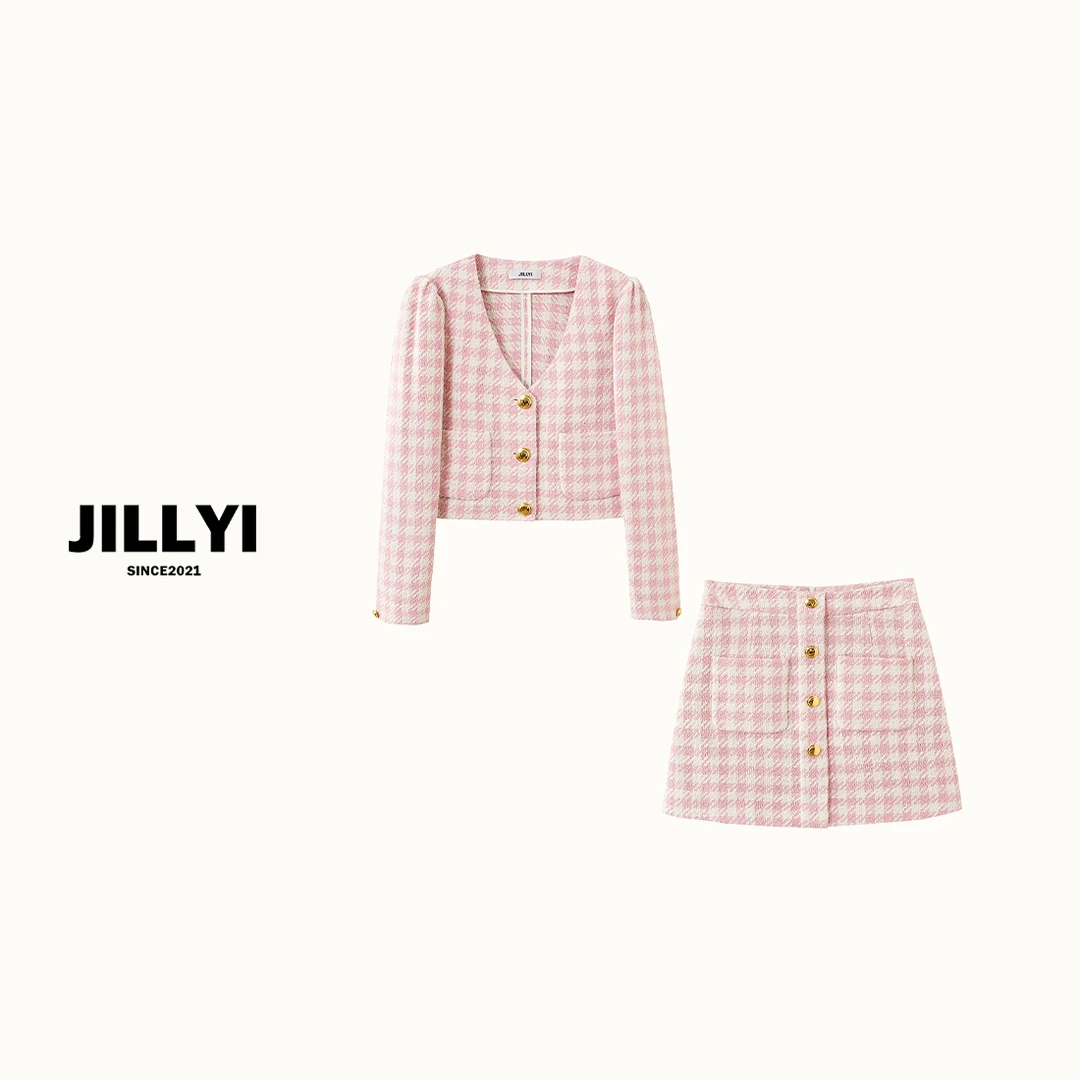 JILLYI【粉格千金】贵气粉色格子套装小香风时尚女士秋冬千鸟格秋季