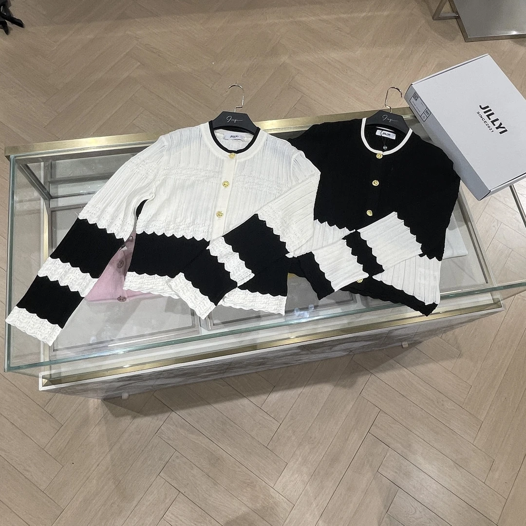 JILLYI南山店【西岸阳光】波浪纹针织拼色毛衣黑白秋冬撞色百搭
