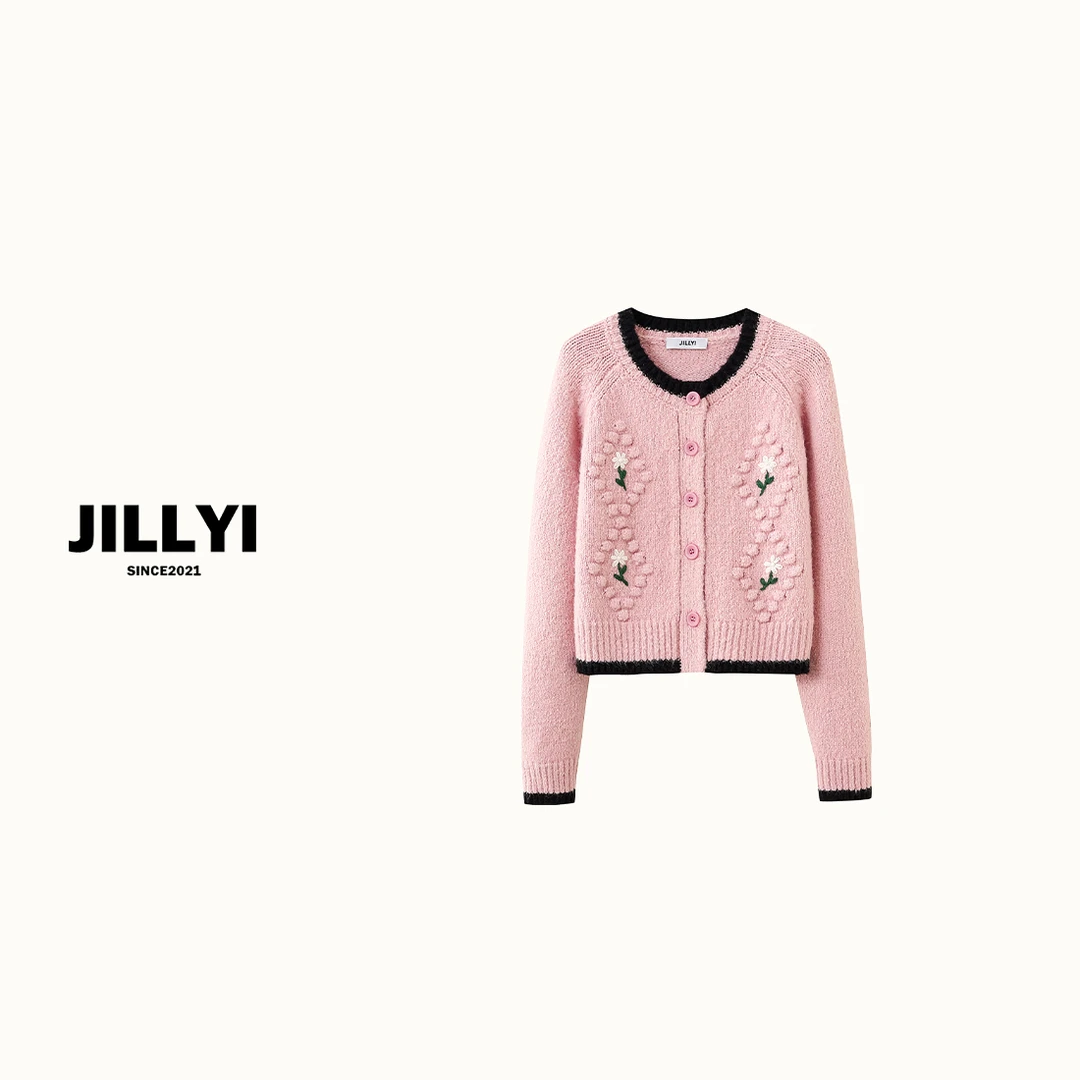 JILLYI【樱花草】粉色圆领手缝花卉秋季田园风针织开衫小香风气质
