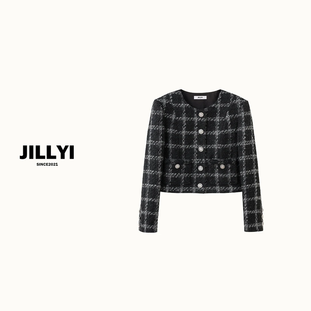 JILLYI【遇见巴黎】秋冬款百搭修身显瘦时尚格子菱格编织小香外套