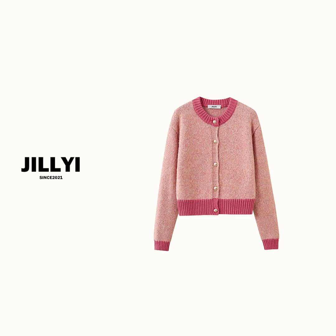 JILLYI【白桃花园】粉红色拼接圆领小香风单排扣秋季时尚针织开衫