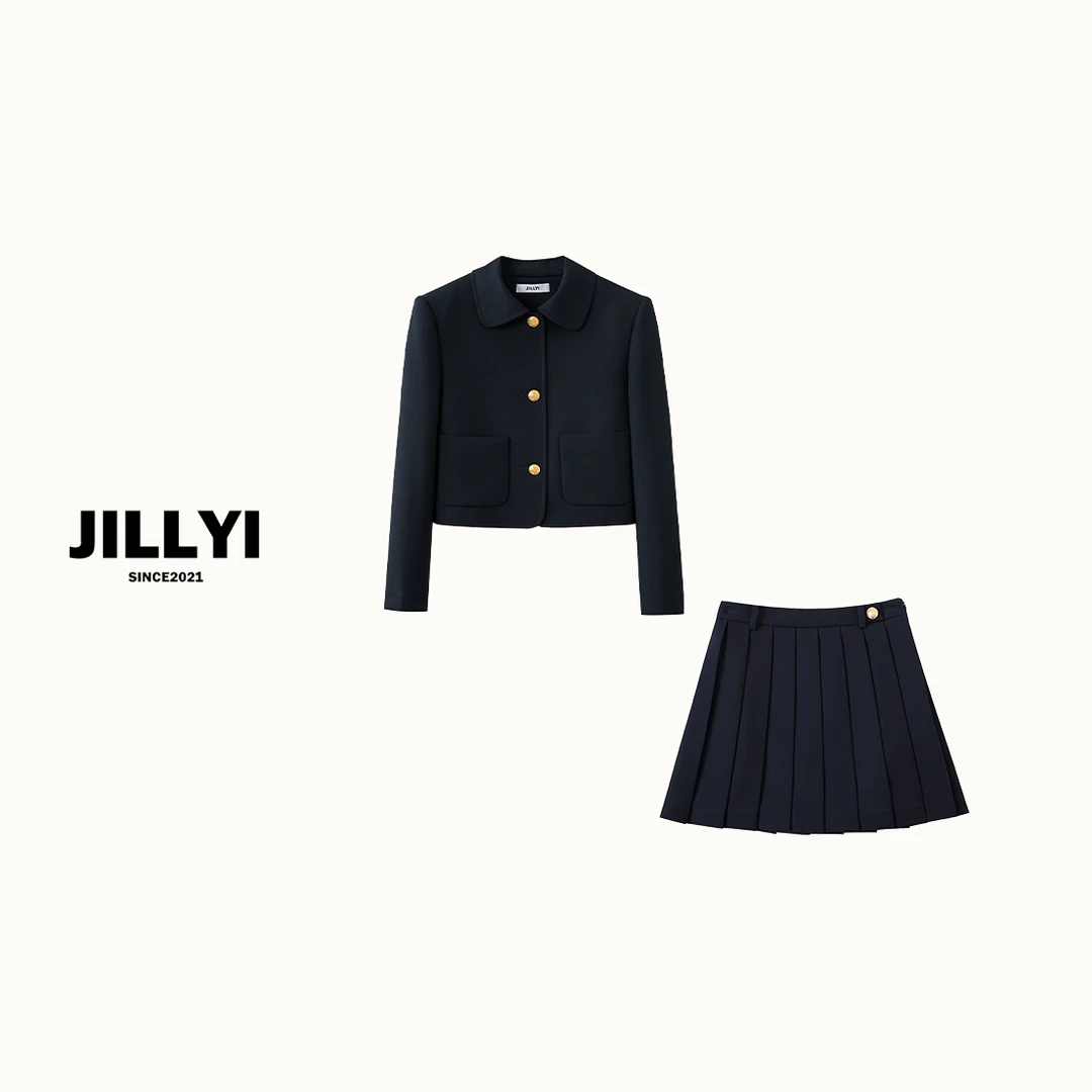 JILLYI【冬季暖风】深蓝色精纺西装套装气质长袖时尚休闲百搭女士