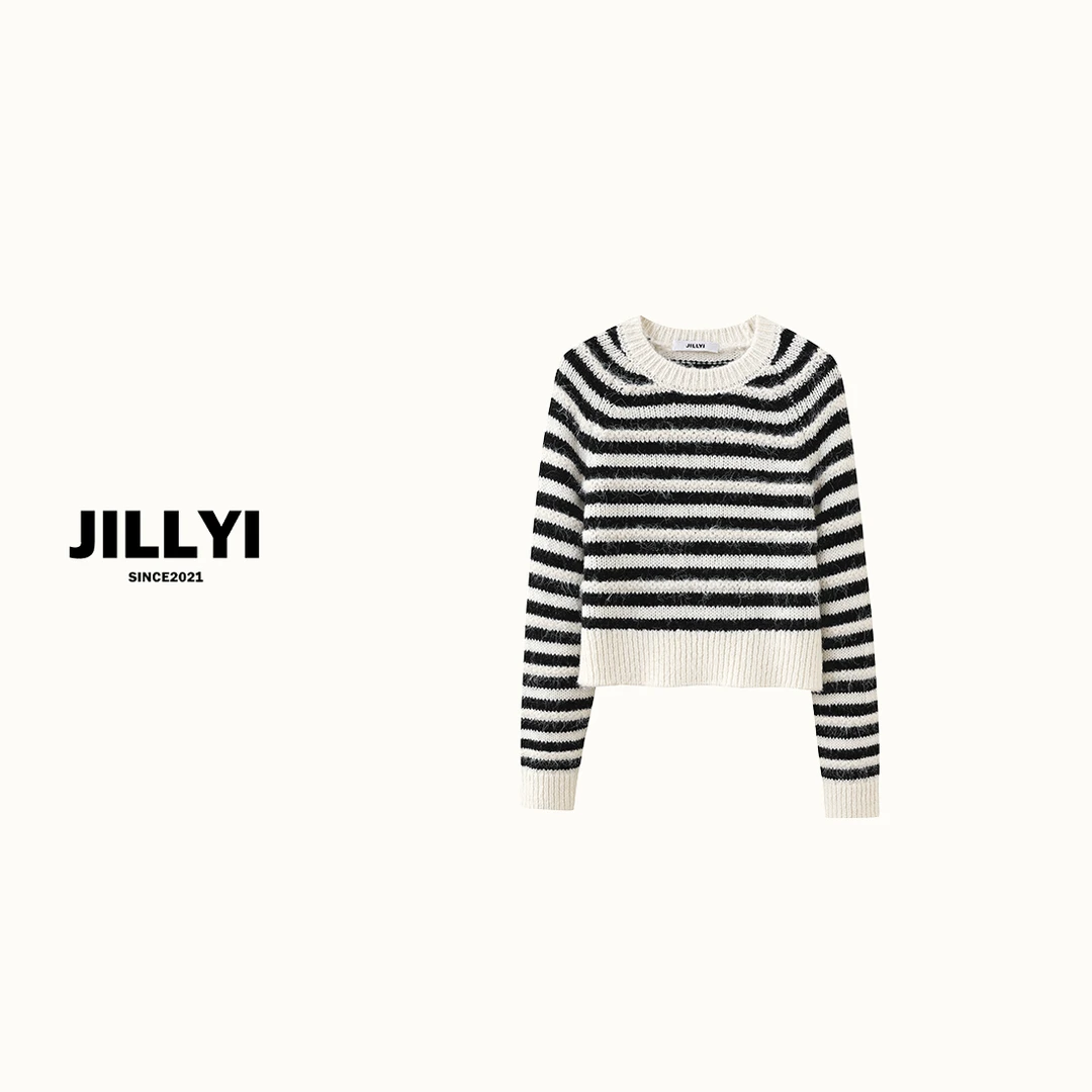 JILLYI珠海店【法式慵懒】黑白条纹圆领毛衣长袖针织时尚休闲百搭秋